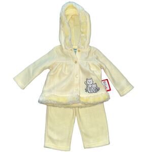 3/6m NWT Kidgets Pastel Yellow Fleece Jacket Pants 2Pc Baby Girls Cat Outfit Set